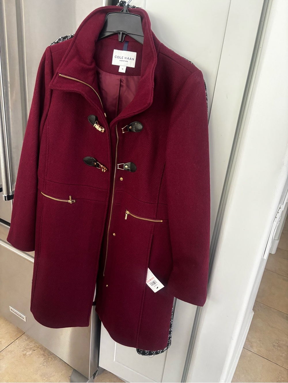 Cole Haan Women's Deep Burgundy Toggle Coat with Gold Zippers